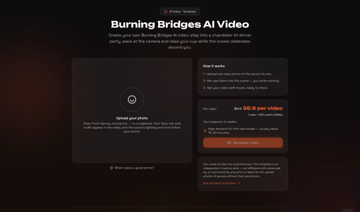 The Burning Bridges tool page: upload slot, cost per video, and the Generate button