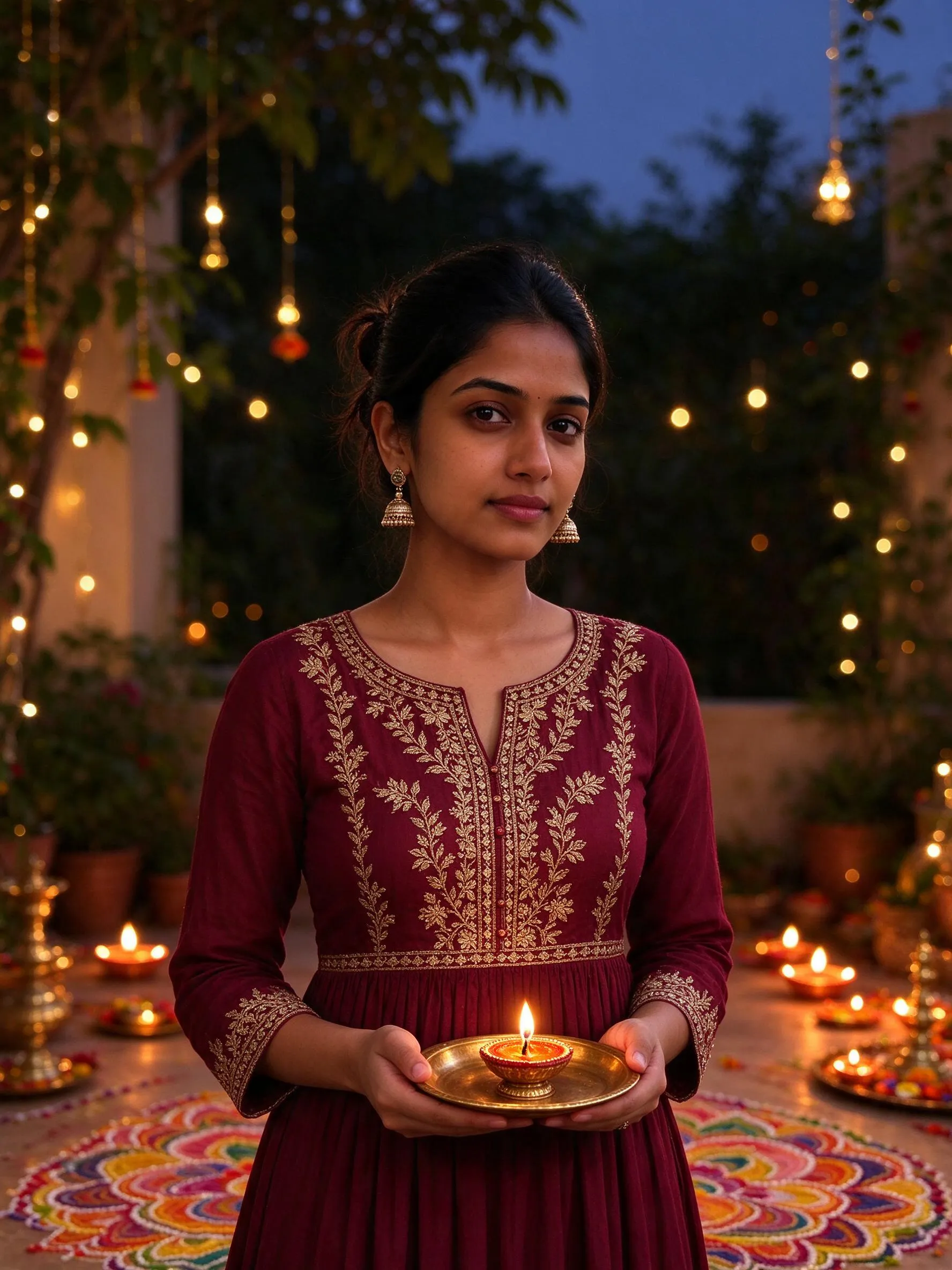 After: the same face in festive wear with diya light