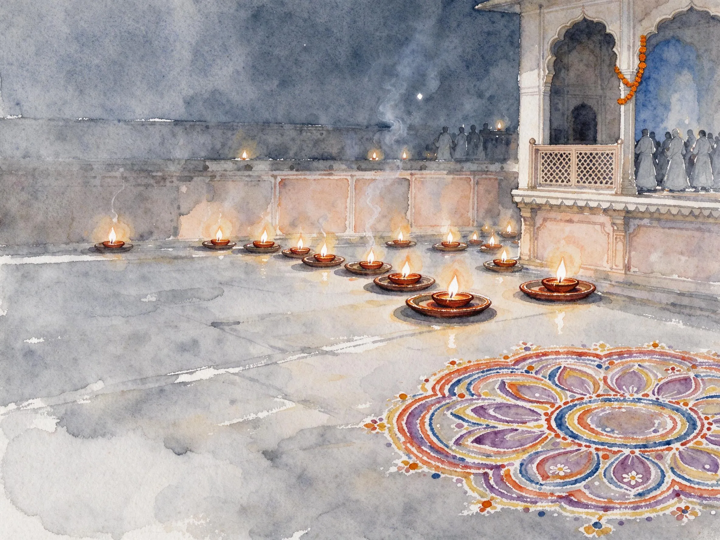 The same Diwali night scene rendered in the Watercolor style template