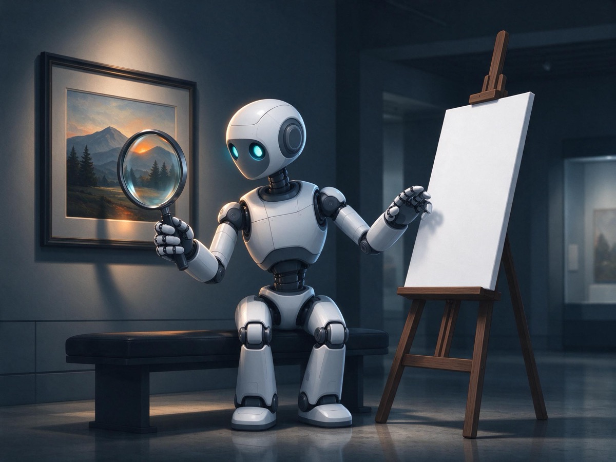 An AI model reads and understands a painting on an easel while the canvas beside it stays blank, illustrating that Claude Haiku 5.5 can interpret images but not generate them