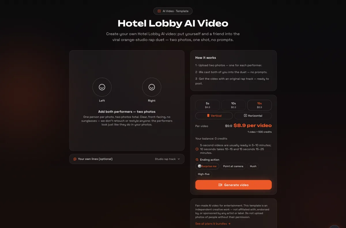 The Hotel Lobby tool page: two upload slots, length and frame pickers, sources and ending-action controls